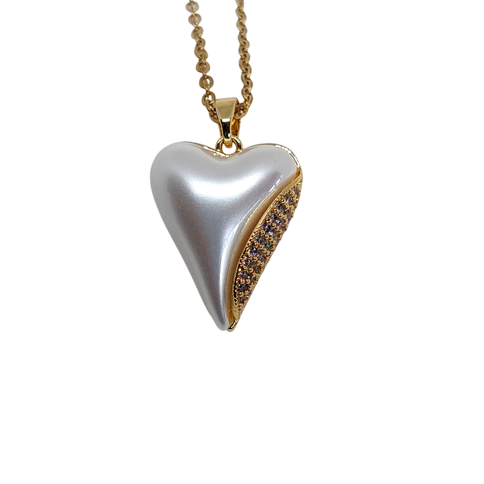 Collar de corazon mital brillante blanco y perla