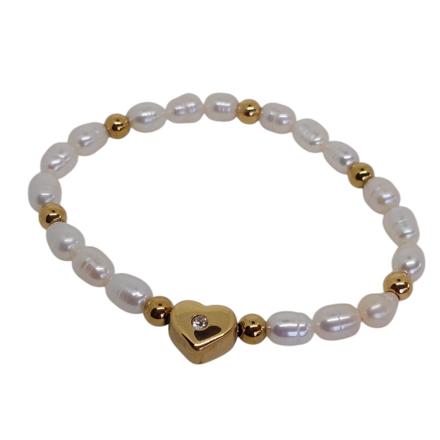 Pulsera elastica de perlas con corazon y brillo