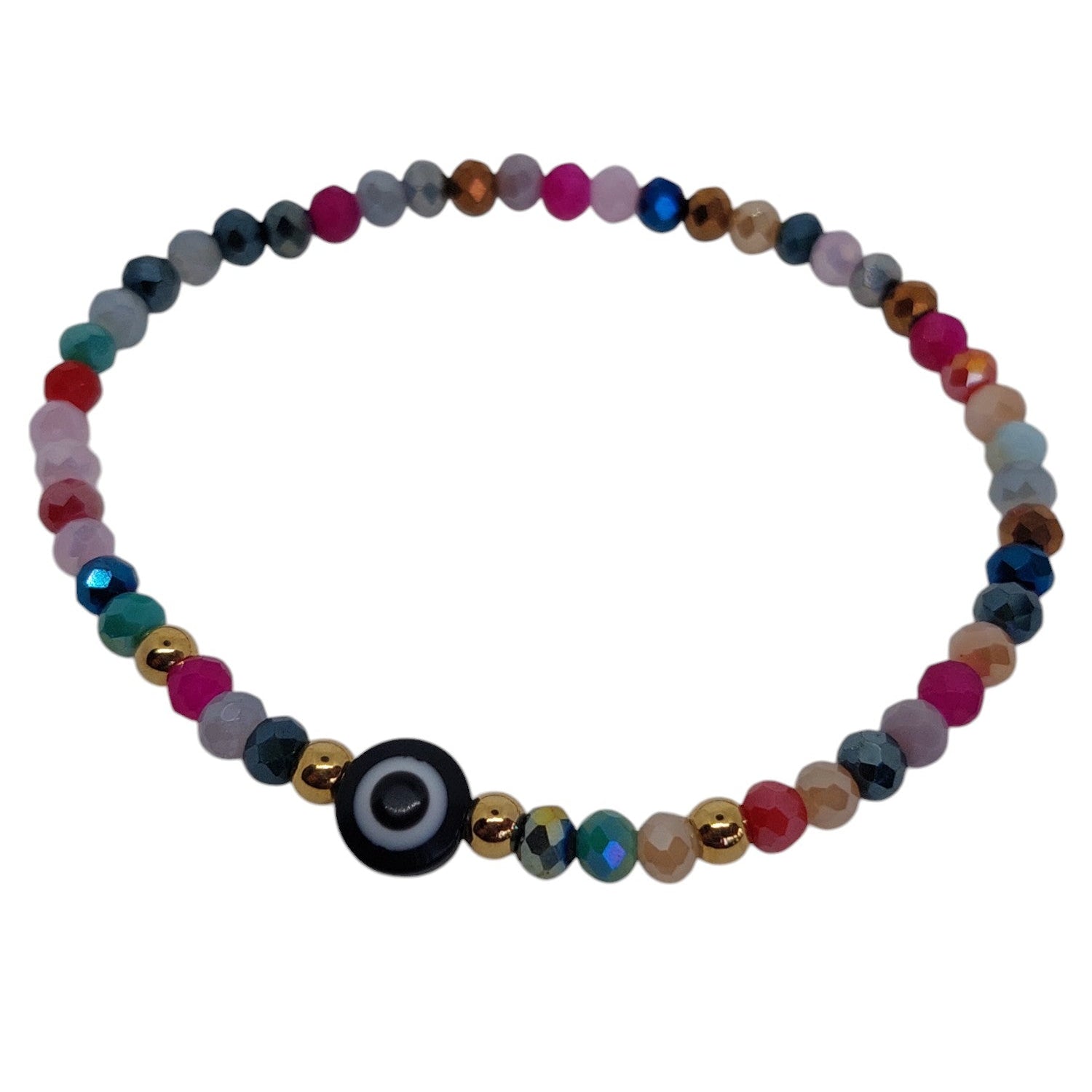 Pulsera elastica ojo turco negro con cuarzos de muchos colores