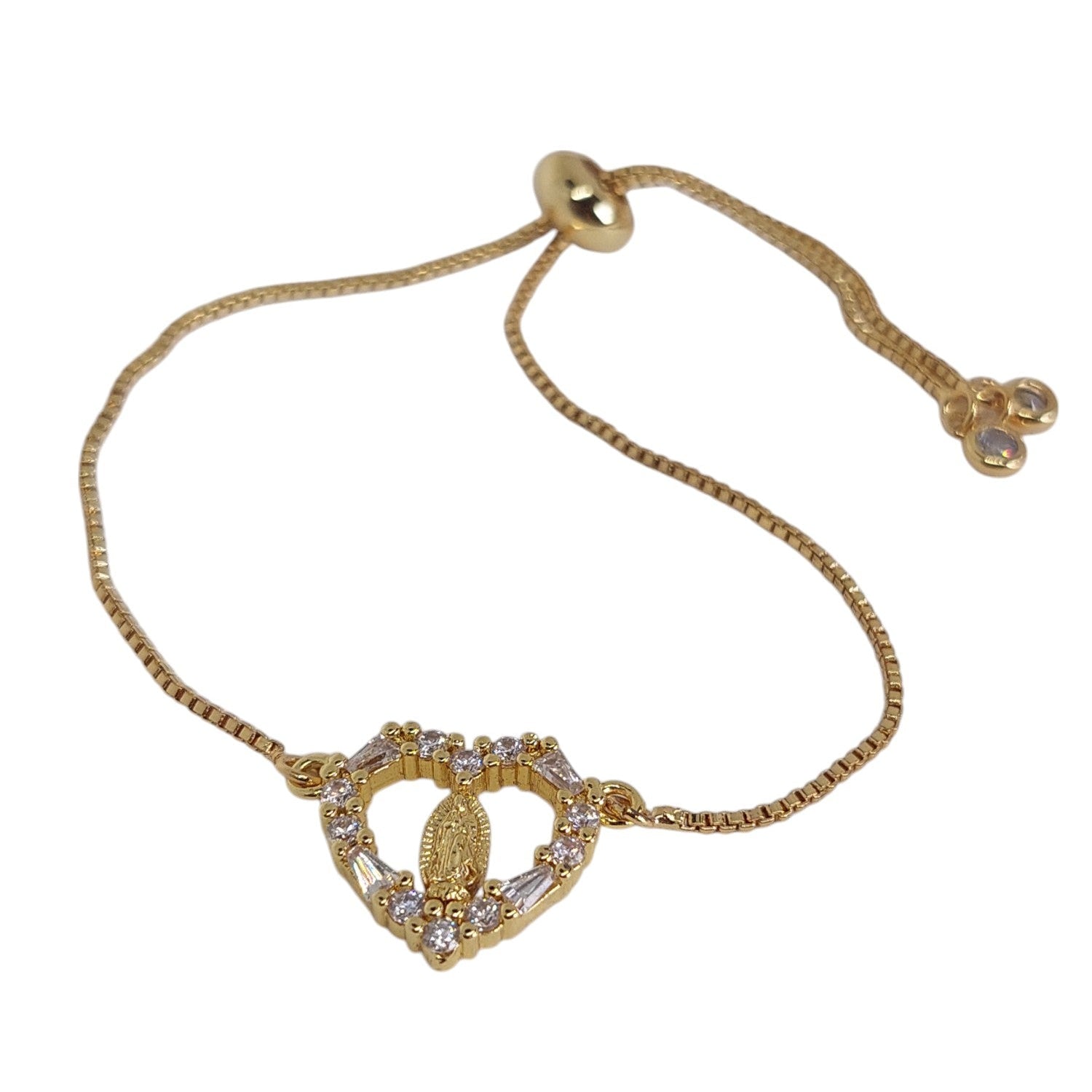 Pulsera regulable de virgen con corazon con cuarzo blanco