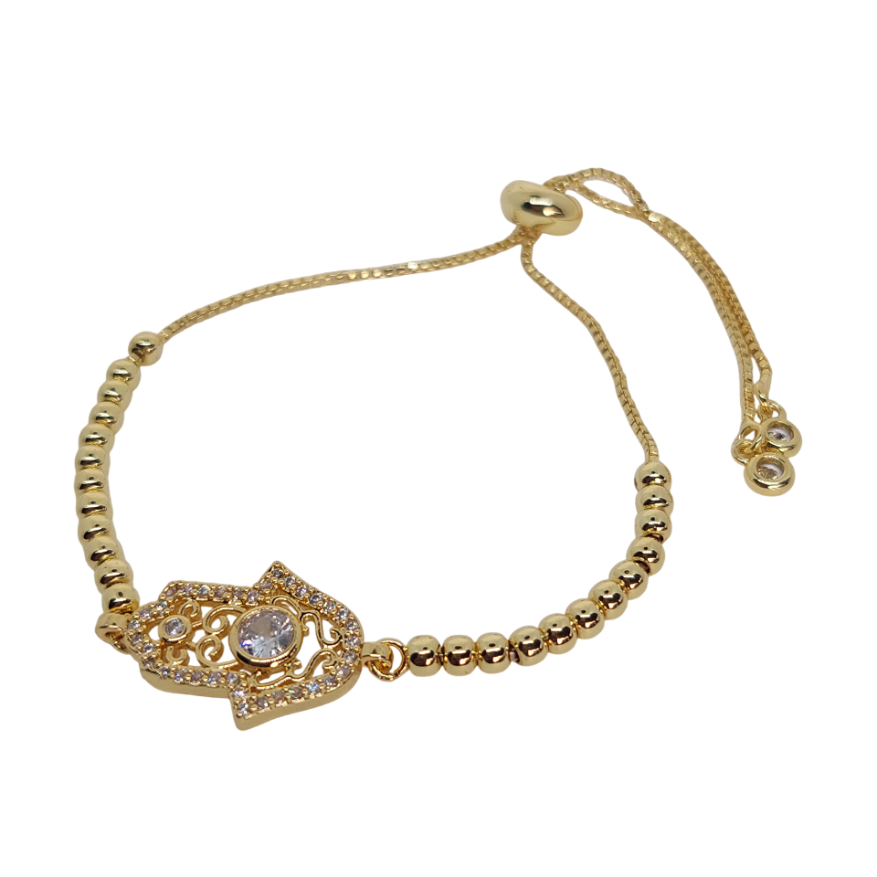 Pulsera regulable de bolita mano hamsa con brillo