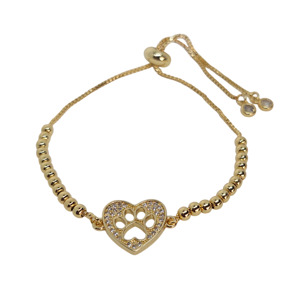 Pulsera regulable de bolita corazon huella de perro