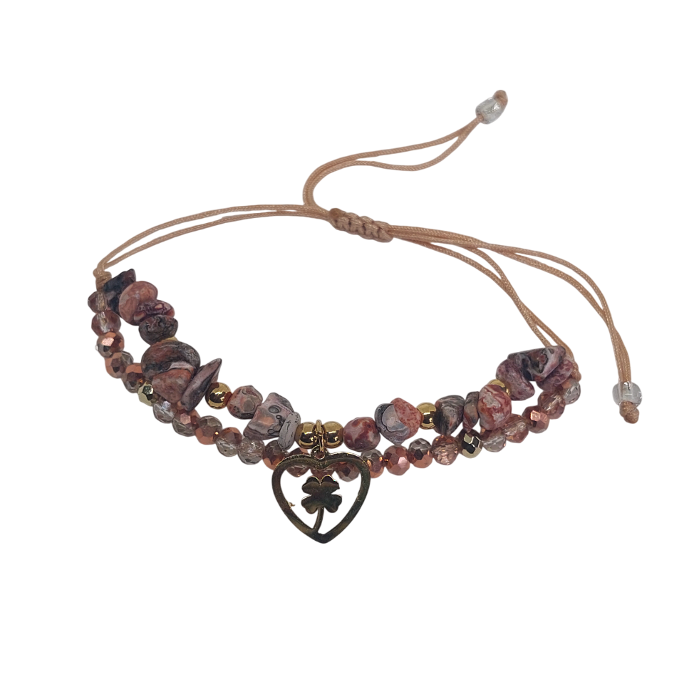 Pulsera regulable tejida de piedras naranjas corazon con trebol