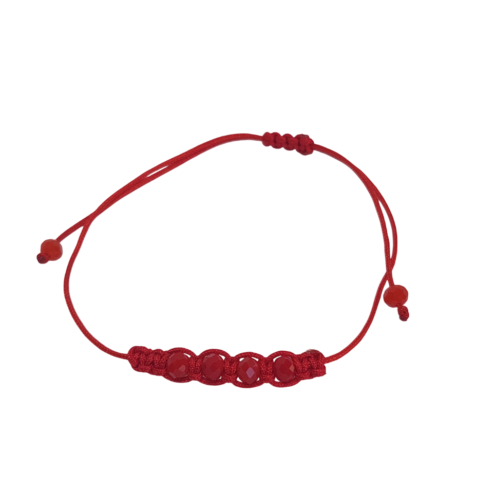 Pulsera regulable tejida lineal de cuatro cuarzos rojos