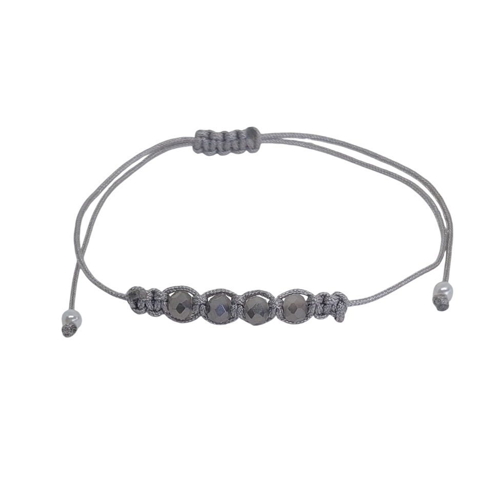 Pulsera regulable tejida lineal cuatro cuarzos grises