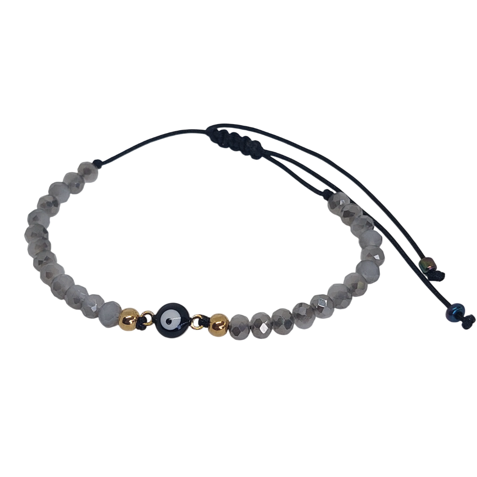 Pulsera regulable tejida ojo turco negro con cuarzos grises
