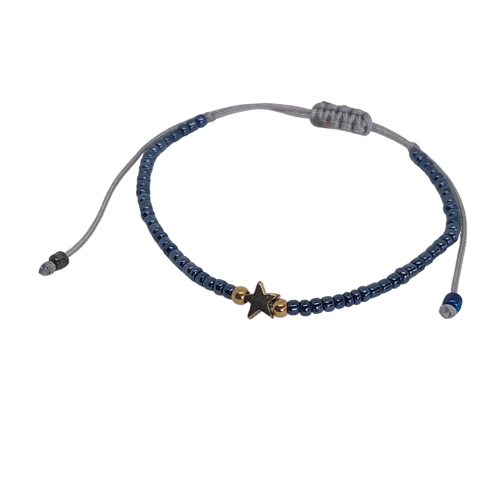 Pulsera regulable tejida mostacilla azul platino con estrella