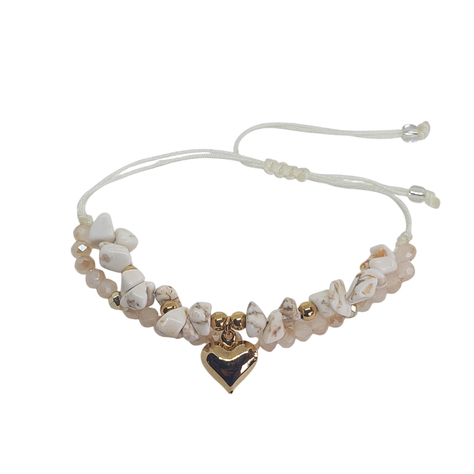 Pulsera regulable tejida piedras blancas con corazón