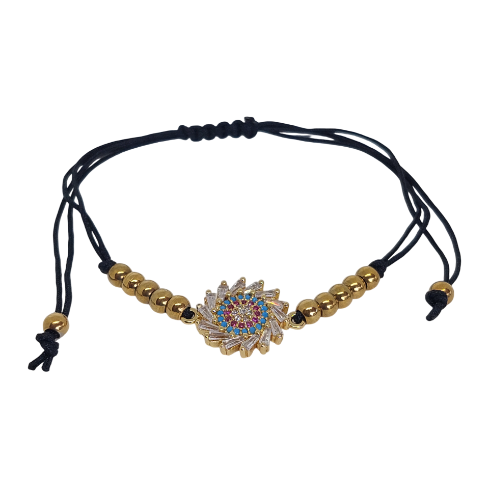 Pulsera regulable tejida de sol con cuarzos celestes y rosados