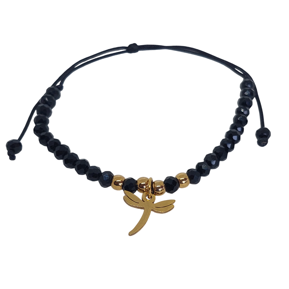 Pulsera regulable tejida negra con libelula