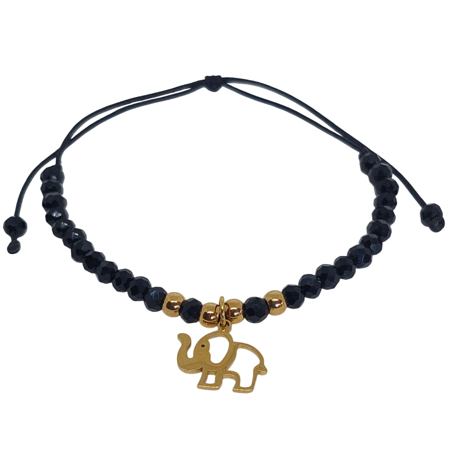 Pulsera regulable tejida negra con elefantes