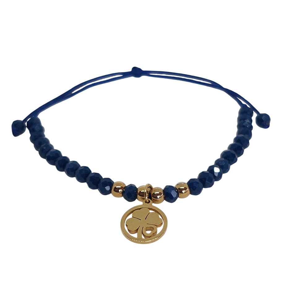 Pulsera regulable tejida azul con trebol de 4 hojas