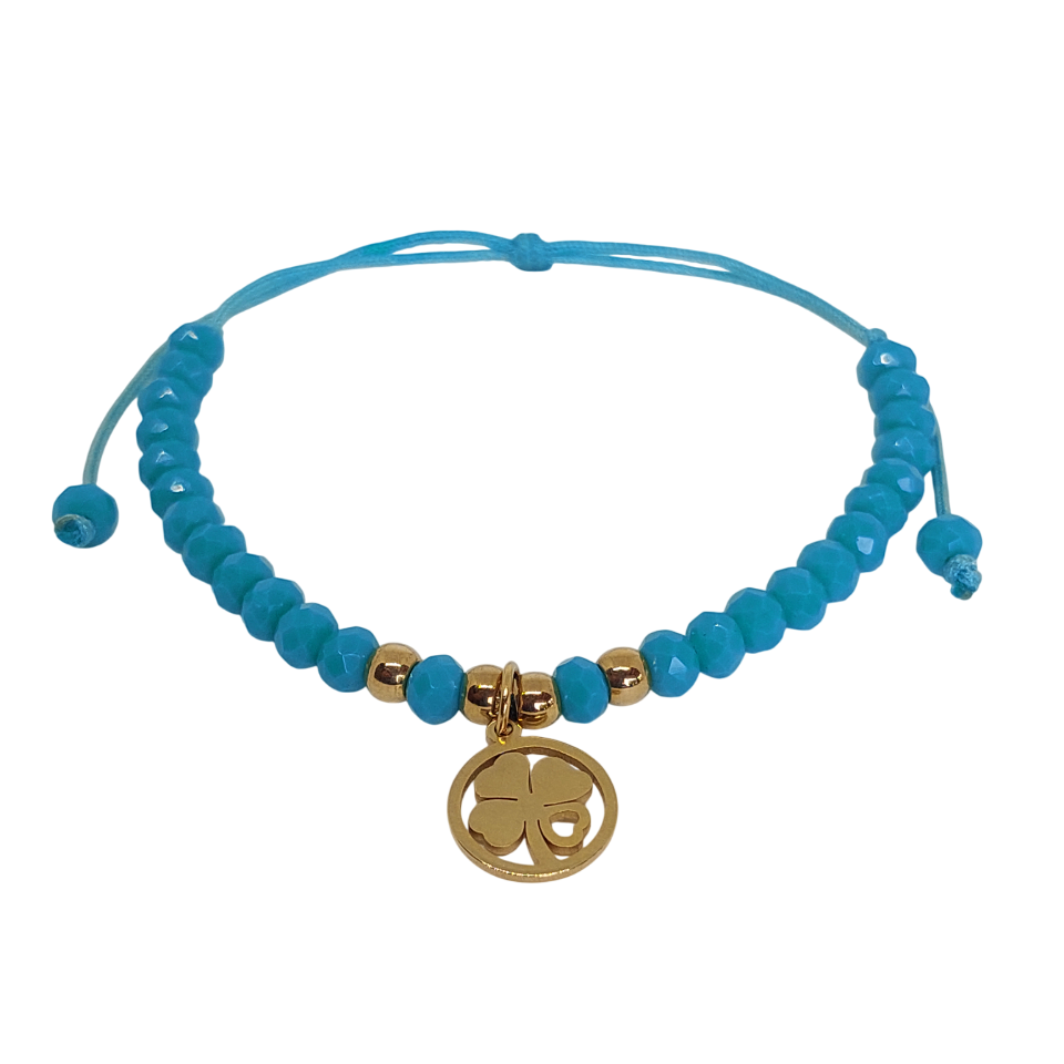 Pulsera regulable tejida celeste con trebol de 4 hojas