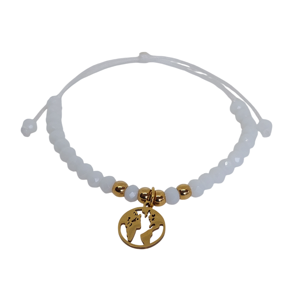 Pulsera regulable tejido blanca con mundo