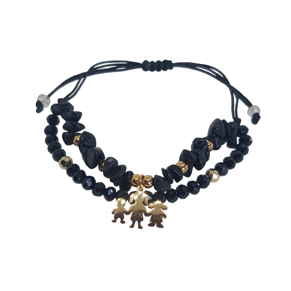 Pulsera regulable con piedras negras con familia