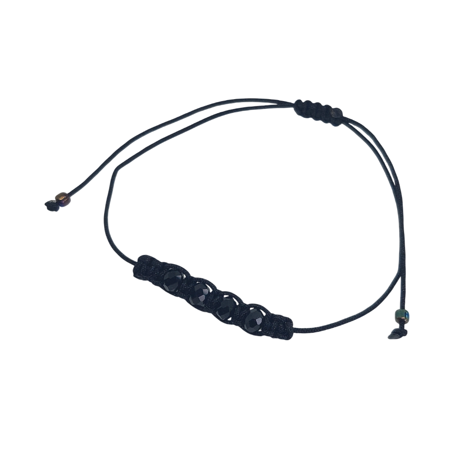 Pulsera regulable tejida lineal de cuatro cuarzos negros