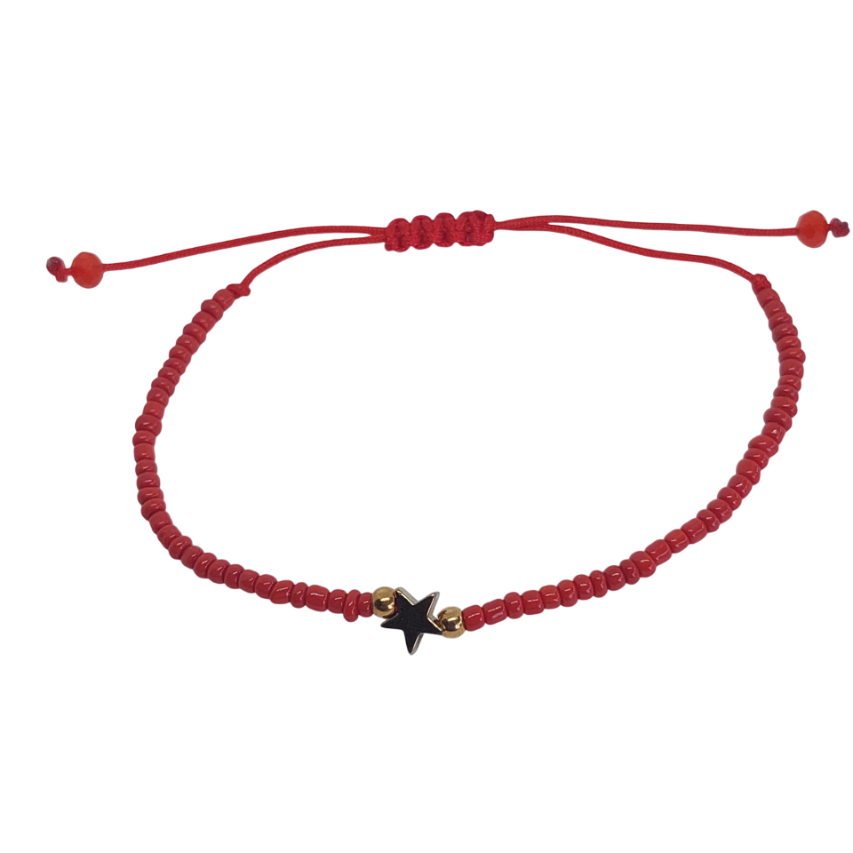Pulsera regulable tejida de mostacilla roja con una estrella